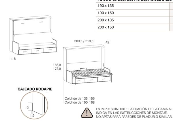 Cama abatible 135x190 con cajones sonrie - Imagen 4