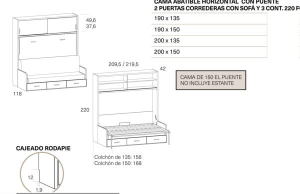 Cama abatible con sofá y cajones 135x190 sonrie - Imagen 3