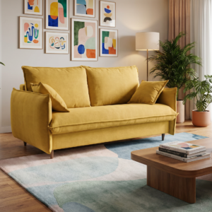 Sofá cama italiano SLASH mostaza en salón