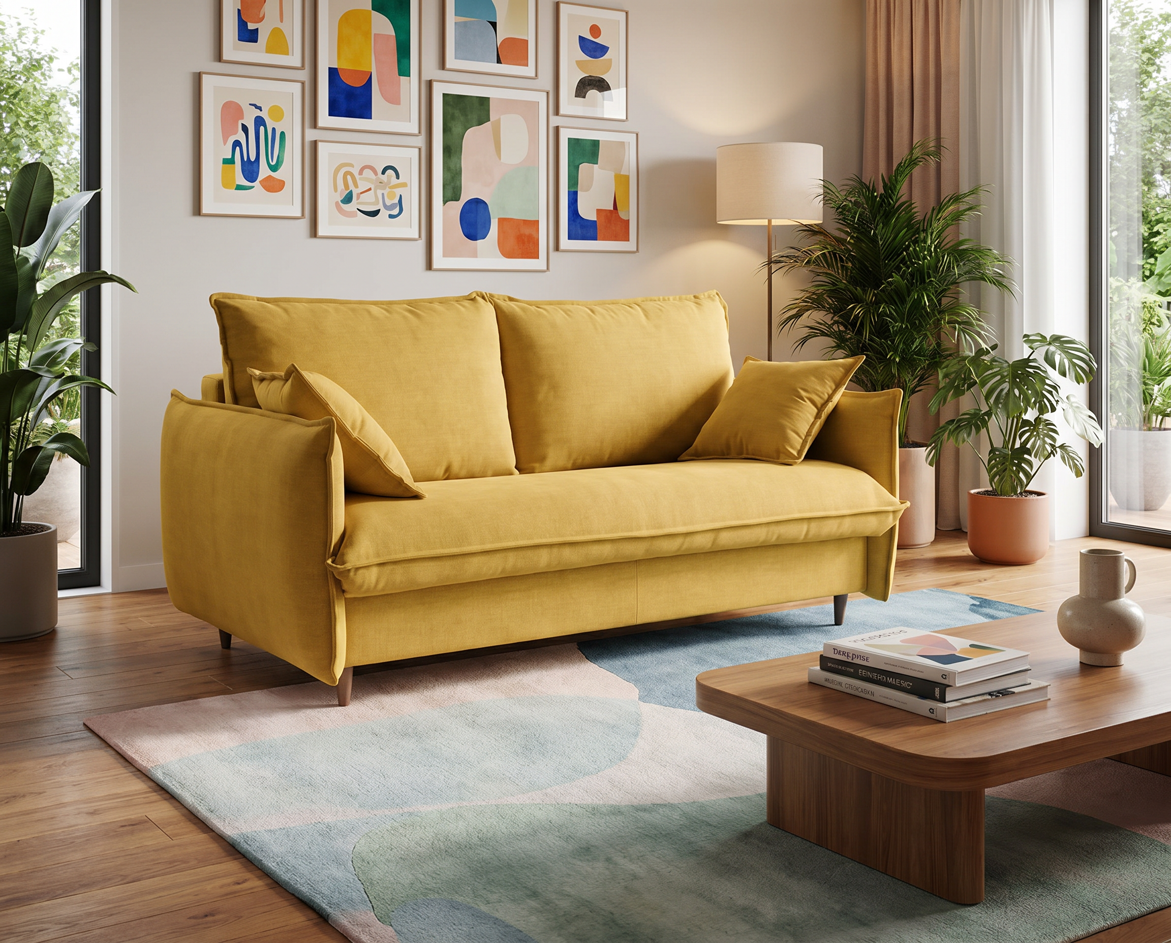 Sofá cama italiano SLASH mostaza en salón