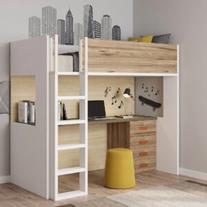 Cama alta con escritorio inferior ROS en habitación juvenil con mural de ciudad