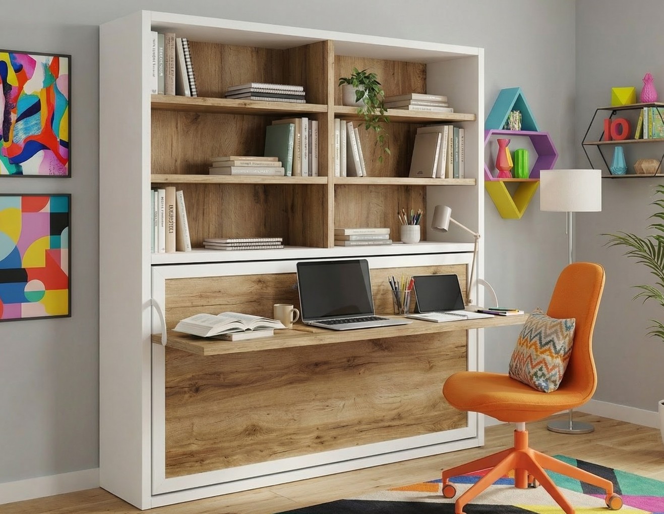 Cama abatible con libreria y escritorio Nova.