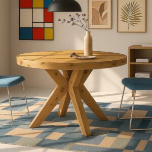Mesa redonda de comedor moderna en madera con patas centrales