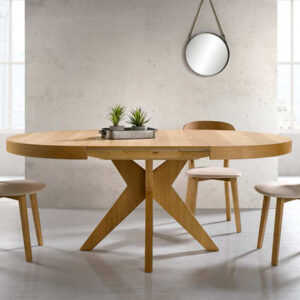 Mesa redonda extensible abierta en madera con diseño moderno