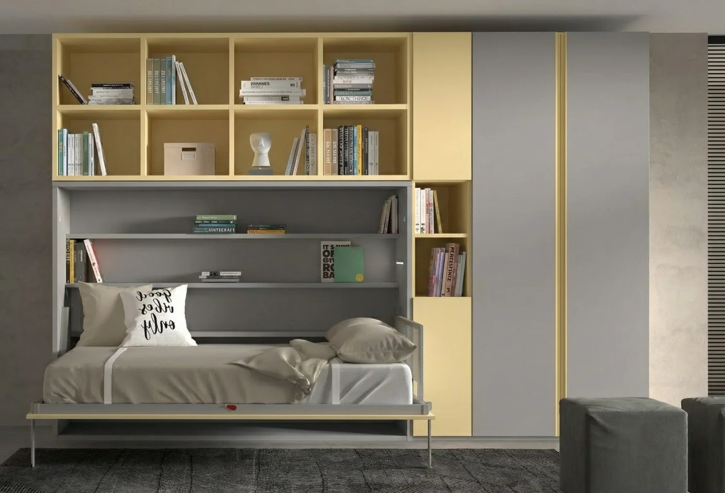 Cama abatible vertical de 140 abierta con librería superior y armarios integrados en dormitorio moderno