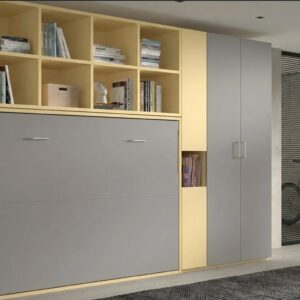 Cama abatible vertical de matrimonio 140 con armarios y estanterías integrada en composición moderna