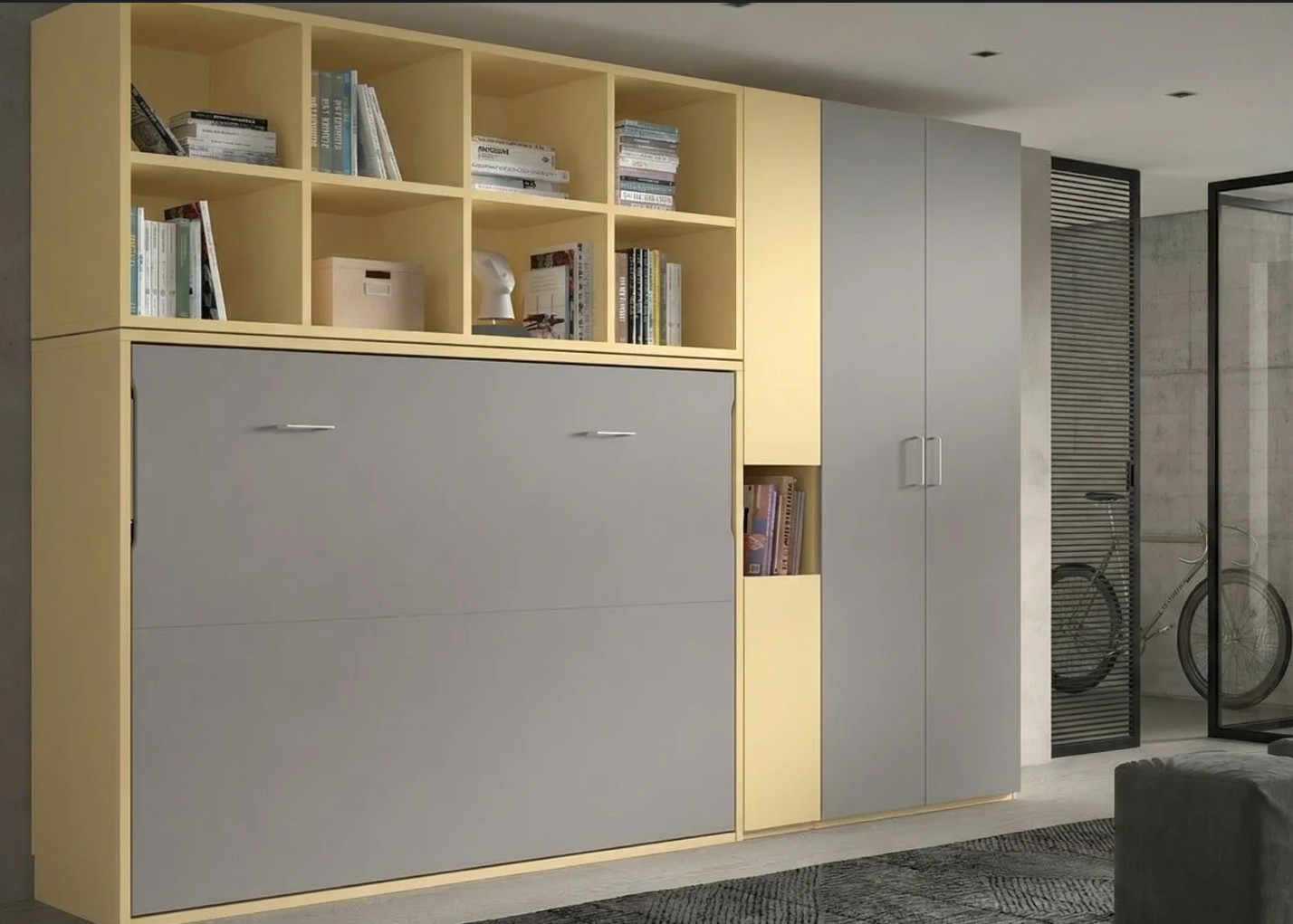 Cama abatible vertical de matrimonio 140 con armarios y estanterías integrada en composición moderna