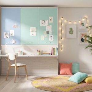 cama abatible con escritorio en habitación juvenil moderna