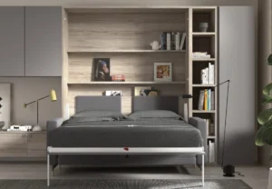 Cama abatible horizontal de matrimonio con estantería integrada