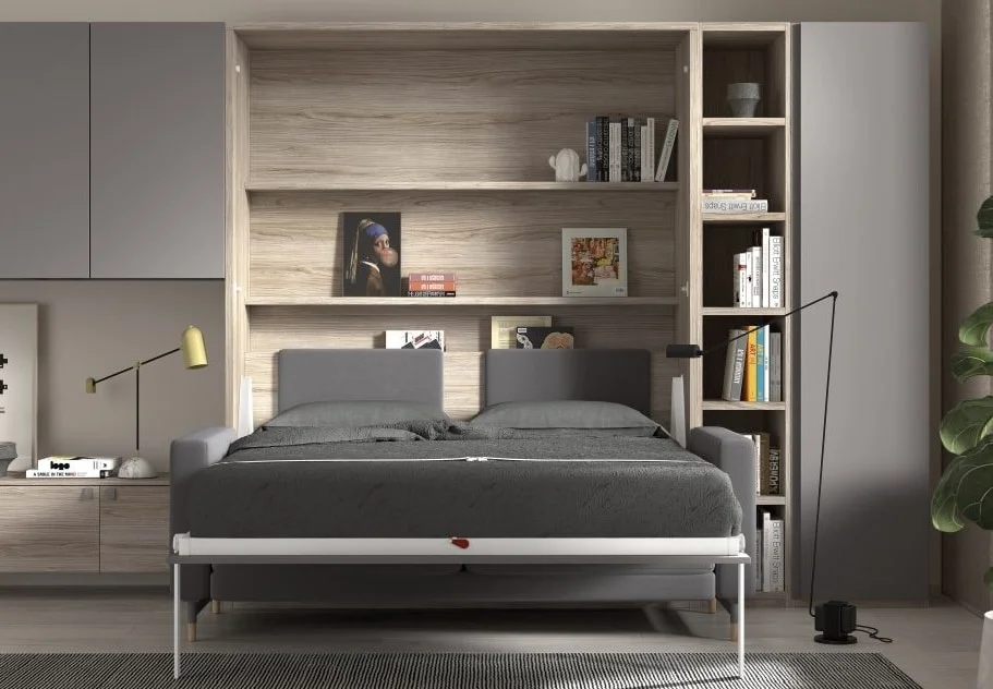 Cama abatible horizontal de matrimonio con estantería integrada