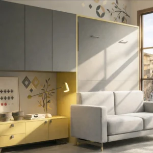 Cama abatible vertical de matrimonio con sofá gris integrado