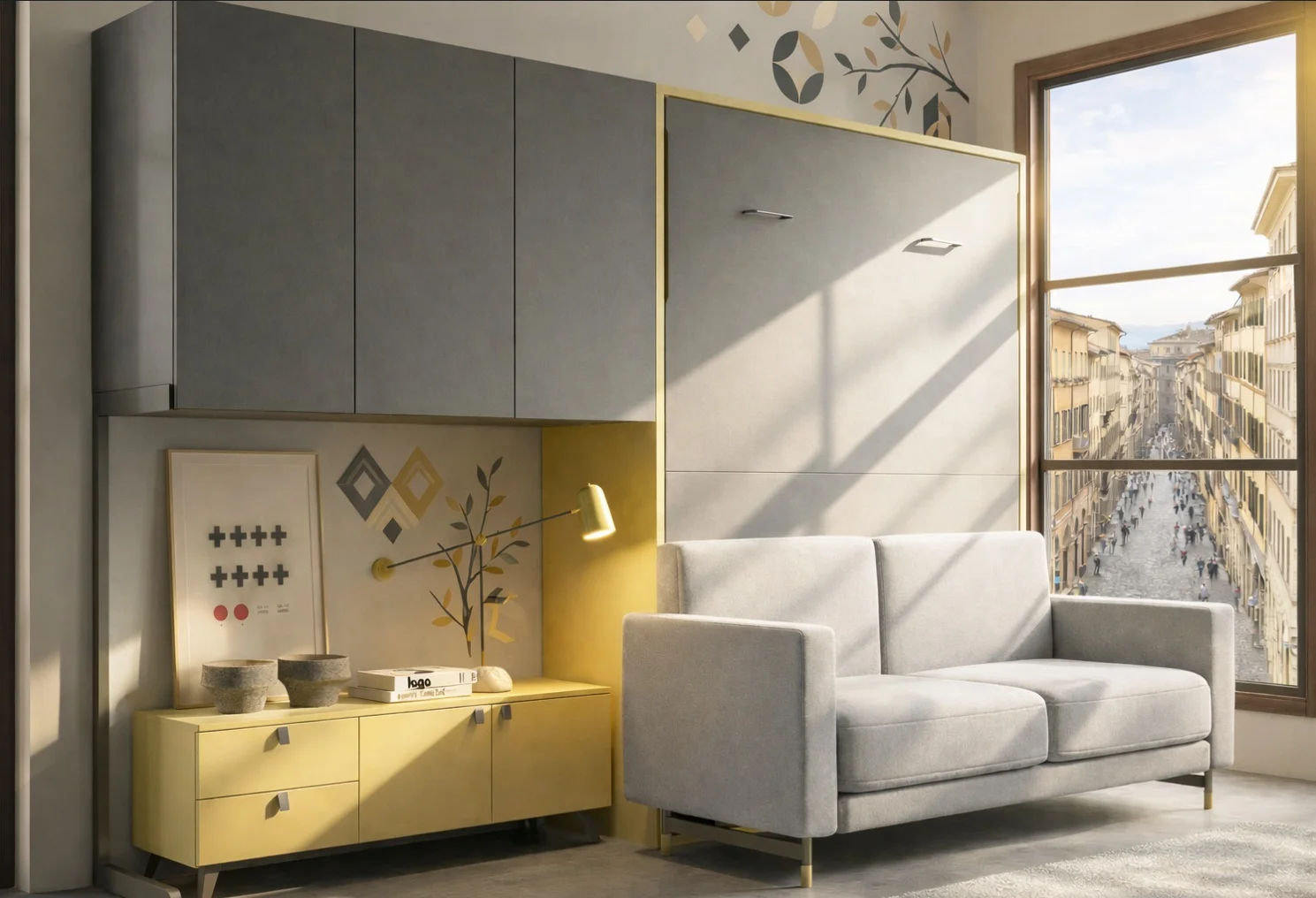 Cama abatible vertical de matrimonio con sofá gris integrado