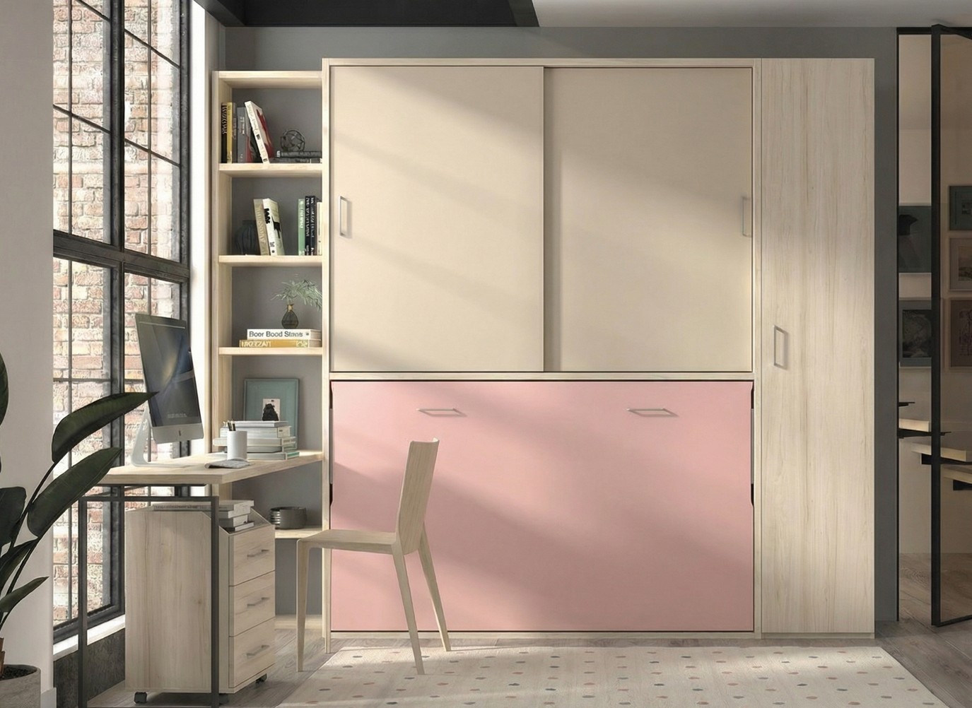 Habitacion con cama abatible y zona estudio