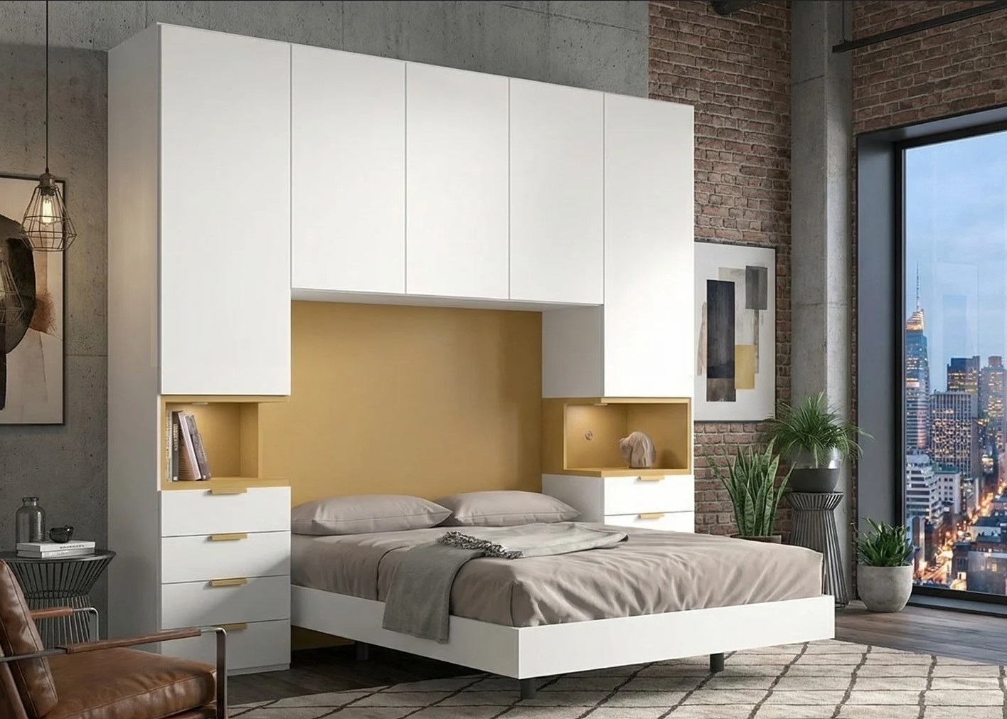 Dormitorio puente de matrimonio con armarios y mesitas en color blanco y madera