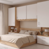 Dormitorio puente Moduls3 con armarios y altillo blancos, cabezal en acabado madera y mesitas con cajones