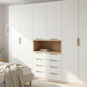 Armario Dormitorio Blanco Moderno con Cajones y Estantería Central Explora.