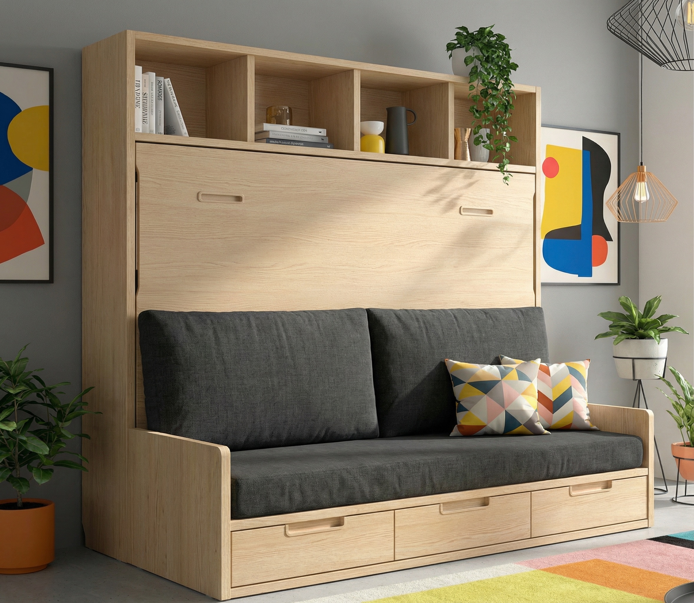 Cama abatible con sofá 150 abierta para dormitorio de matrimonio