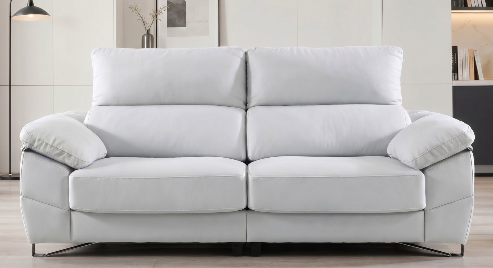 Sofá 2 plazas blanco con asientos deslizantes y respaldos multiposición de diseño moderno