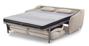 Sofá cama italiano Kimicama abierto mostrando colchón de 140x195 y sistema de apertura italiana
