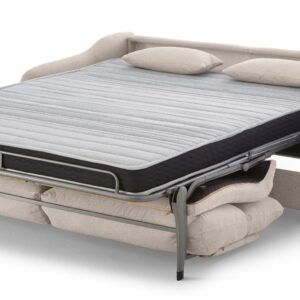Sofá cama italiano Kimicama abierto mostrando colchón de 140x195 y sistema de apertura italiana
