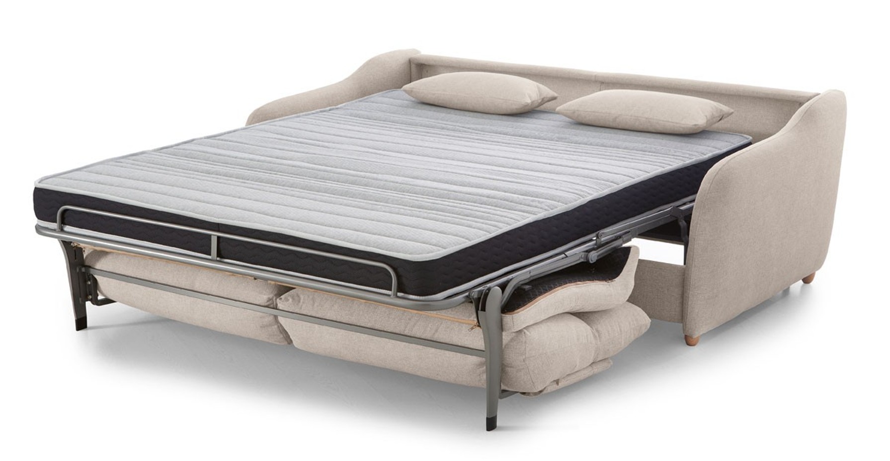 Sofá cama italiano Kimicama abierto mostrando colchón de 140x195 y sistema de apertura italiana