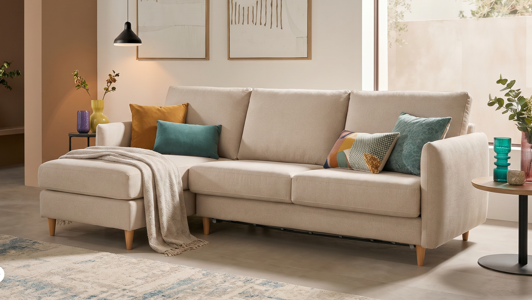 Sofá cama con chaise longue Flora 272 cm con apertura italiana