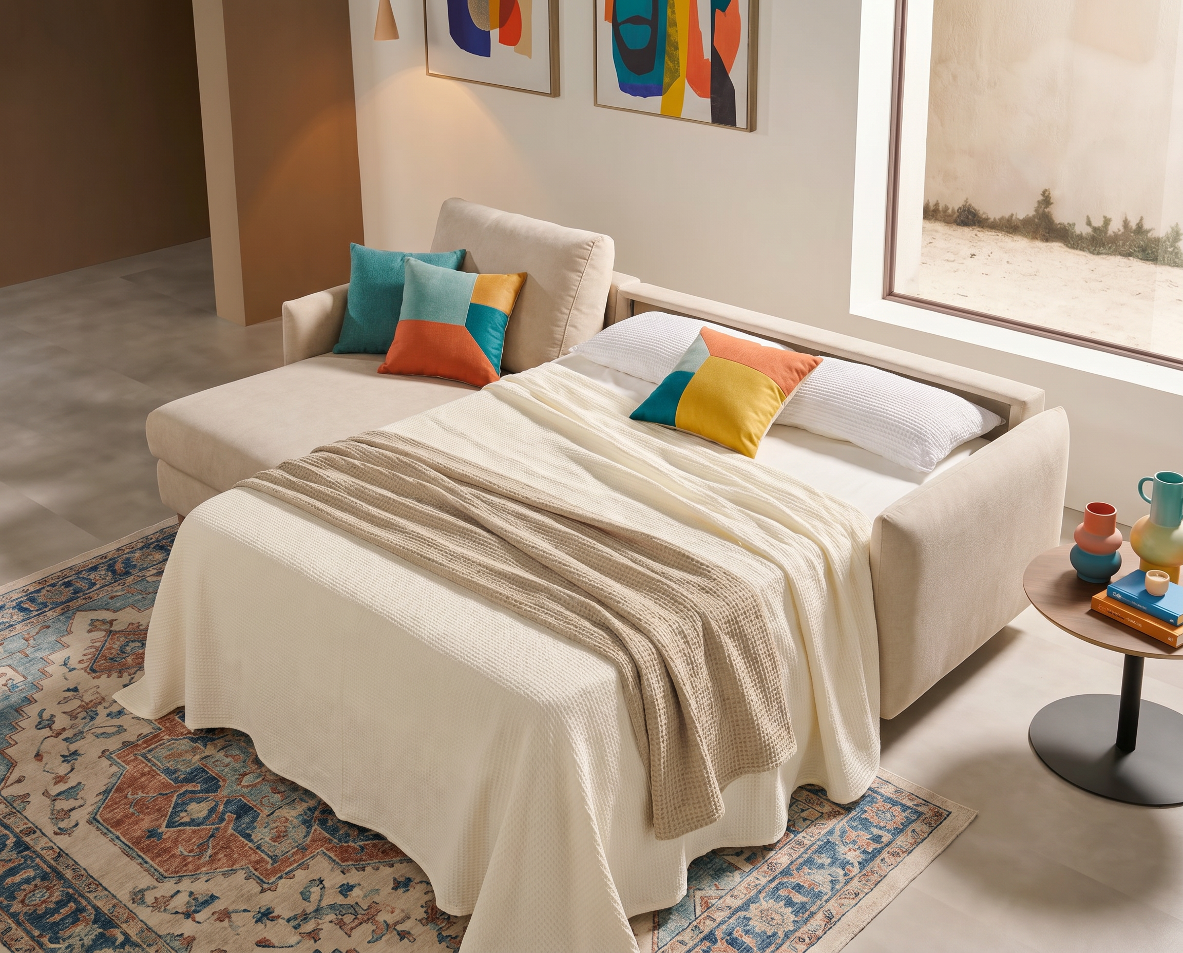 Sofá cama chaise longue Flora en color beige con patas de madera