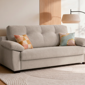 Sofá cama italiano Chanel en color beige con apertura italiana en salón moderno