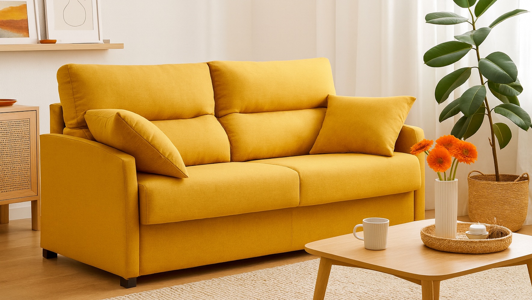 Sofá cama italiano Petit mostaza en ambiente de salón