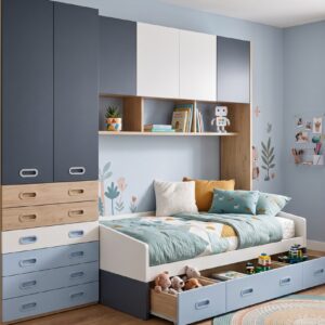Dormitorio puente juvenil Advance con altillo, cama y armario