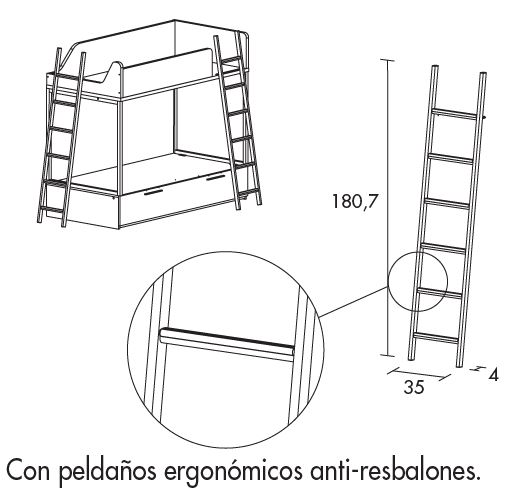Medidas de la escalera antideslizante de la litera Nura