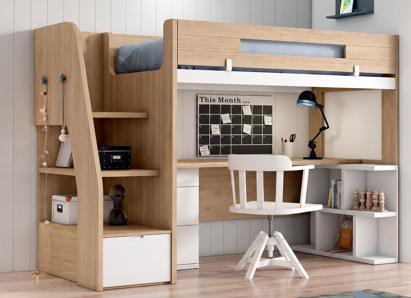 Litera alta juvenil Nexo con escritorio y escalera cajonera