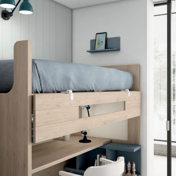 Litera alta Nexo con escritorio, estantería y escalera cajonera