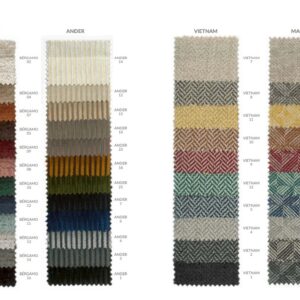 Carta de tapizados Pemi con muestras de telas en distintos colores y texturas