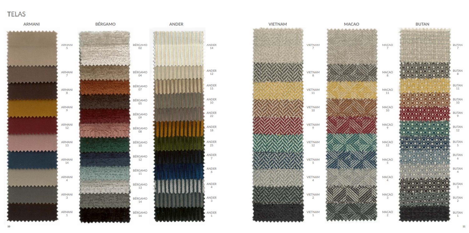 Carta de tapizados Pemi con muestras de telas en distintos colores y texturas