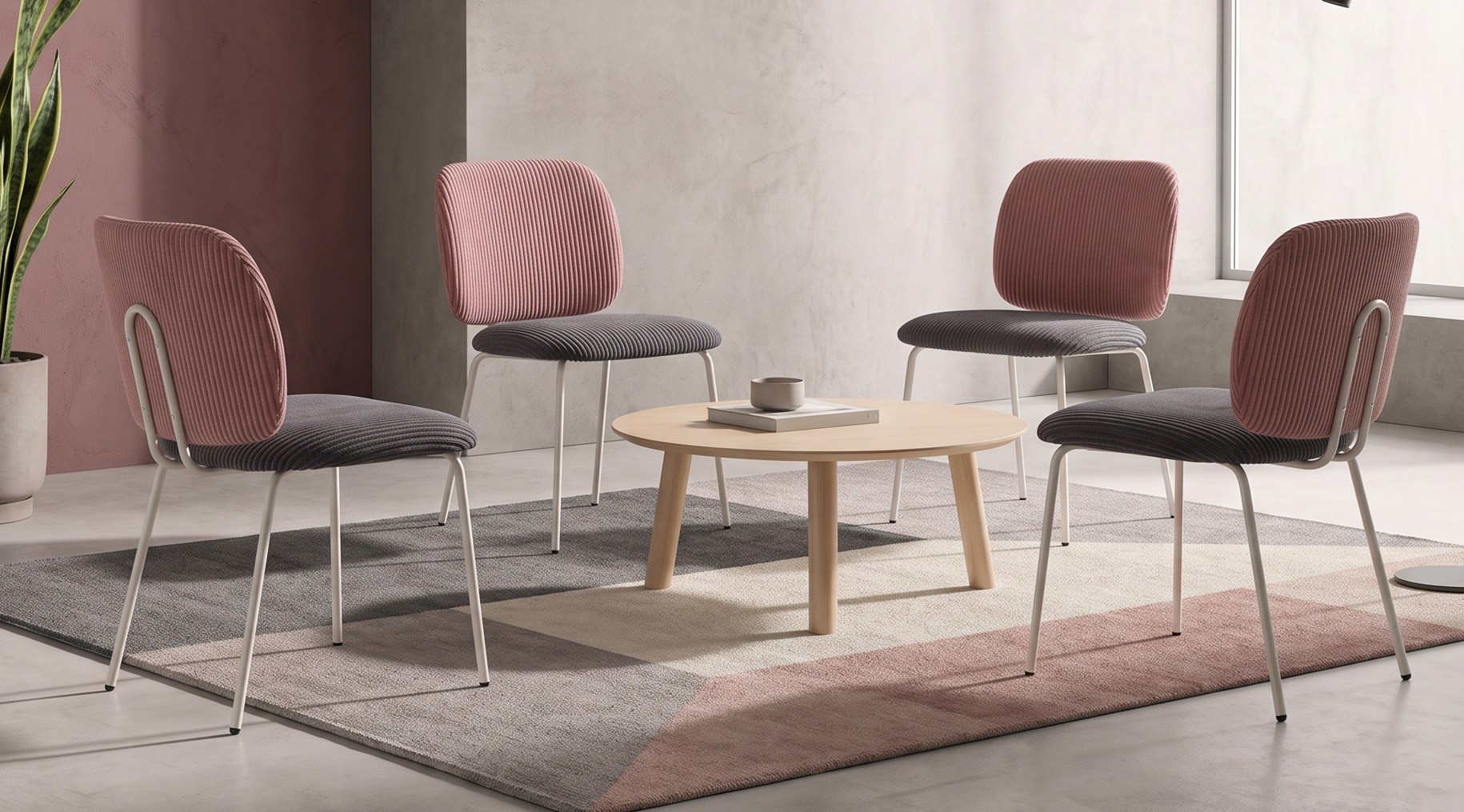 Sillas de comedor Lora con respaldo rosa y asiento gris junto a una mesa de madera