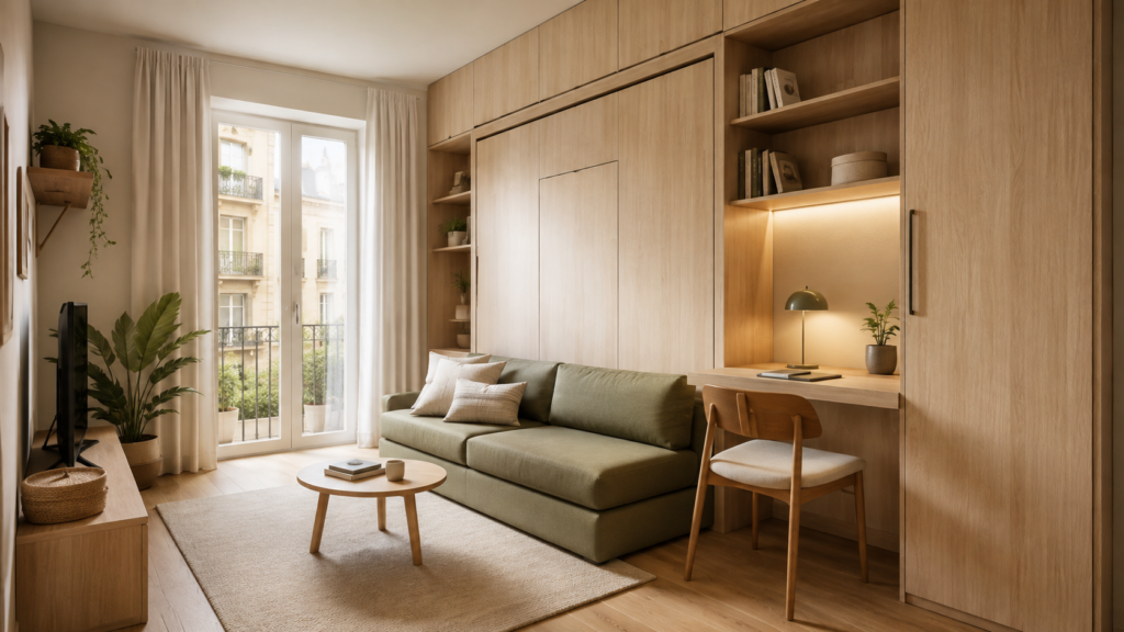 Salón con cama abatible, sofá y escritorio integrado en un piso pequeño