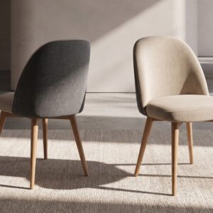 Silla de comedor tapizada con respaldo curvado y patas de madera