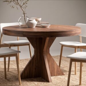 Mesa de comedor extensible Pata K redonda con acabado madera y base central geométrica