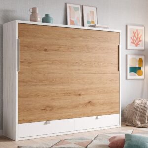 Cama abatible 135×190 con dos cajones en acabado claro