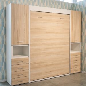 Cama abatible con armarios laterales 135x190 de 234 cm, cerrada, con huecos y cajones