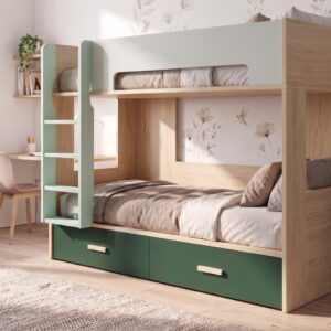 Litera juvenil con cajones RMB en madera clara y blanco, con dos cajones verdes y escalera verde claro