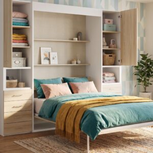 Cama abatible vertical 135x190 abierta con armarios laterales, estantes y cajones